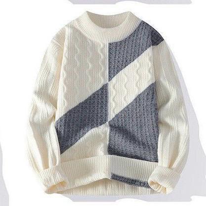 Vsadsau Men's Autumn Winter Patchwork Pullover Sweater Soft Long Sleeve Casual Crewneck Sweaters