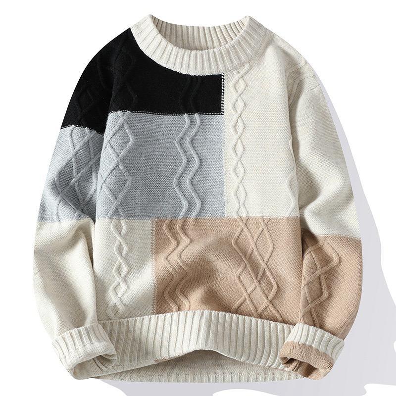 Vsadsau Men's Autumn Winter Patchwork Pullover Sweater Soft Long Sleeve Casual Crewneck Sweaters