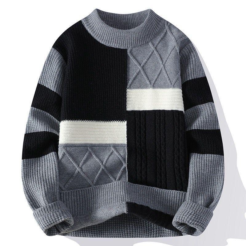 Vsadsau Men's Autumn Winter Patchwork Pullover Sweater Soft Long Sleeve Casual Crewneck Sweaters