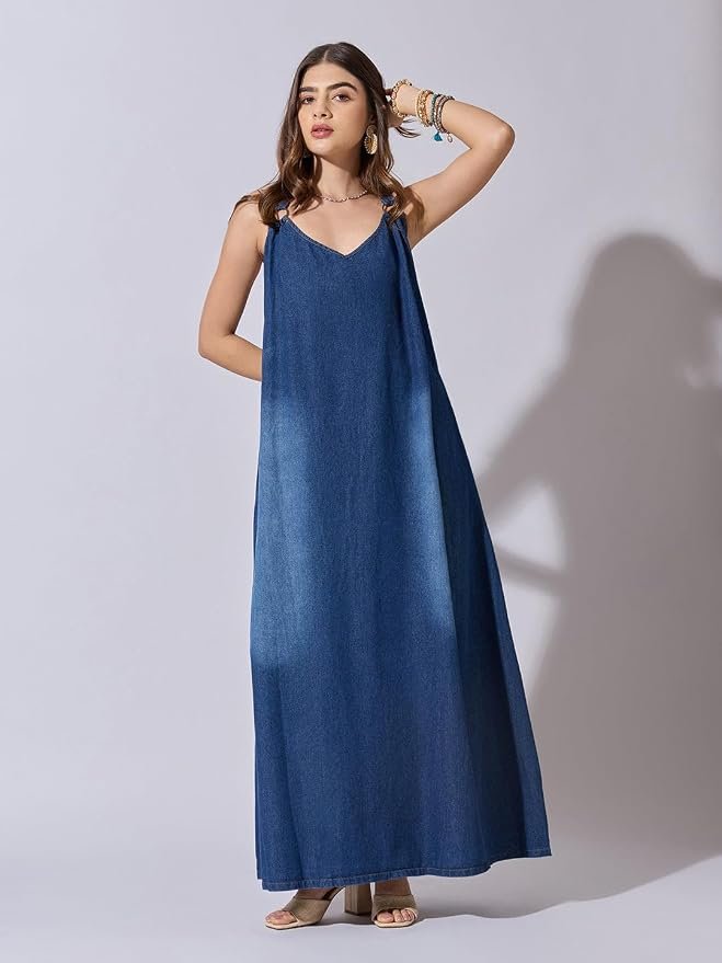 SHOWOFFFF Women Dyed A-Line Casual Dress | V Neck Sleeveless Denim Dress for Womens | Maxi Dress for Women's