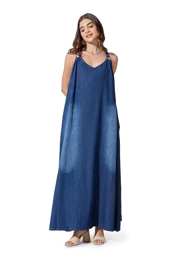 SHOWOFFFF Women Dyed A-Line Casual Dress | V Neck Sleeveless Denim Dress for Womens | Maxi Dress for Women's