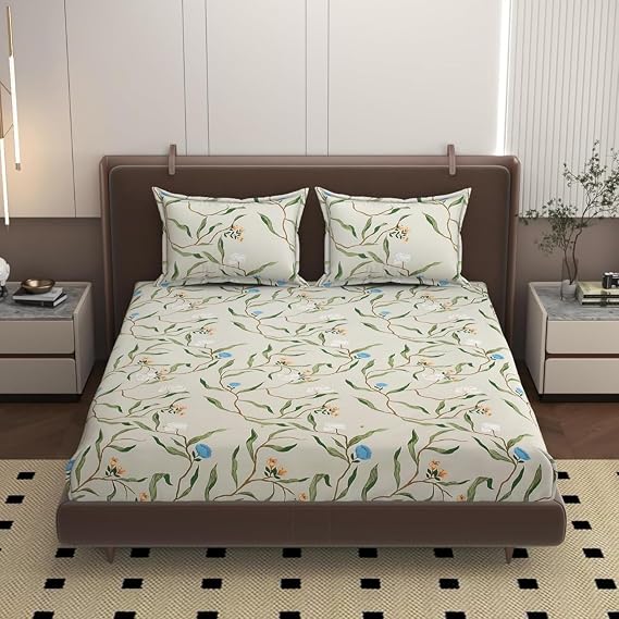 Fitted Bedsheet for Double Bed King Size with 1 mattress cover,4 Pillow Covers | Elastic Printed Cotton Bedsheet